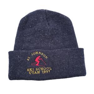 Vintage 1997 Al Johnson Ski School Knit Beanie Hat Blue Embroidered